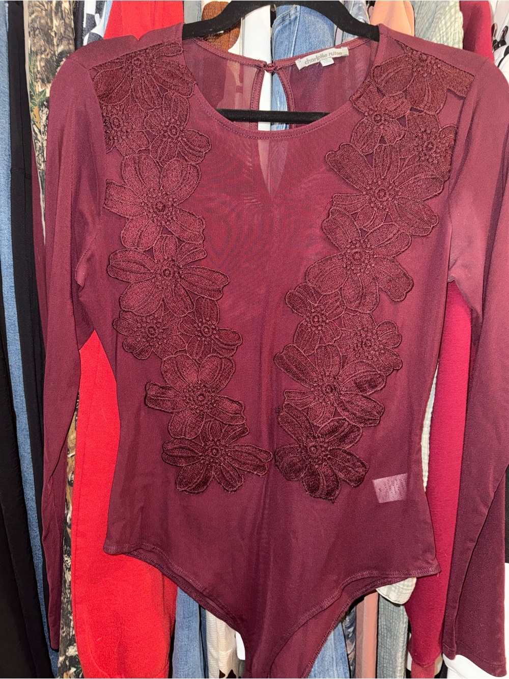 Charming Charlie Wine Floral Lace Mesh Bodysuit
